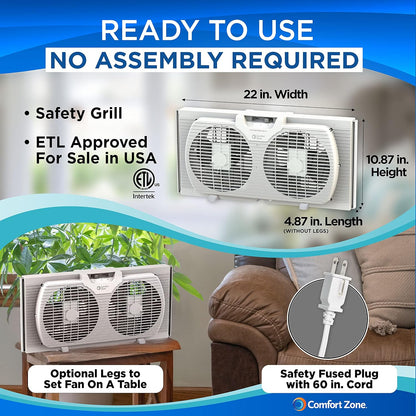 Twin Window Fan with Reversible Airflow, 9" Dual Fan, 2-Speed, Auto-Locking Expanders, 9.84 ft/sec, for Home, Kitchen, Bedroom, or Office