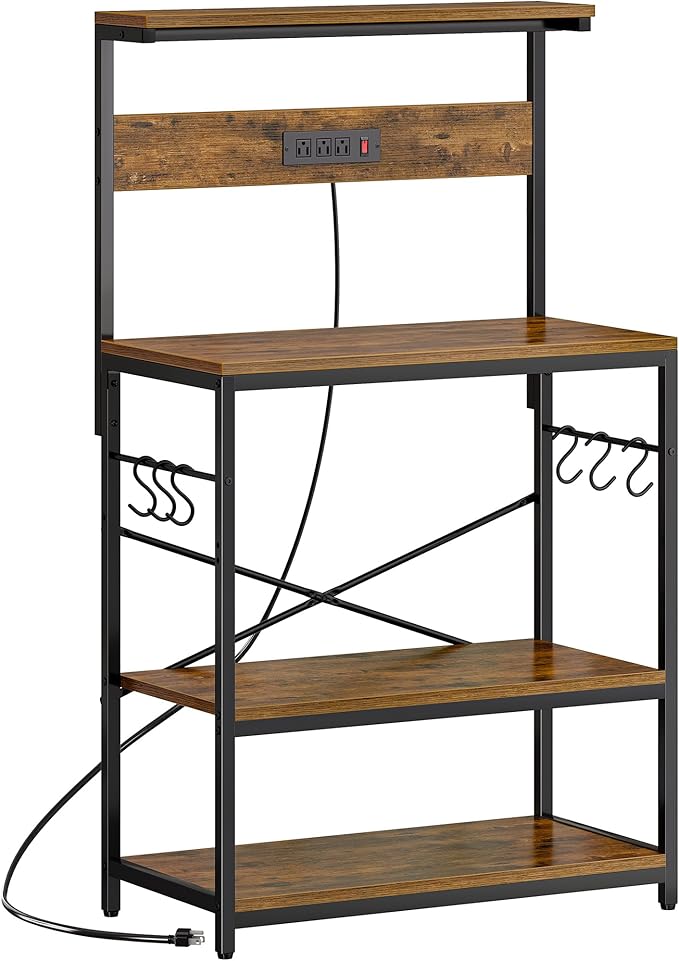 Bakers Rack with Power Outlets, 31.5x16.5 Inch Desktop, Adjustable Shelf, 6 Hooks, Rustic Brown
