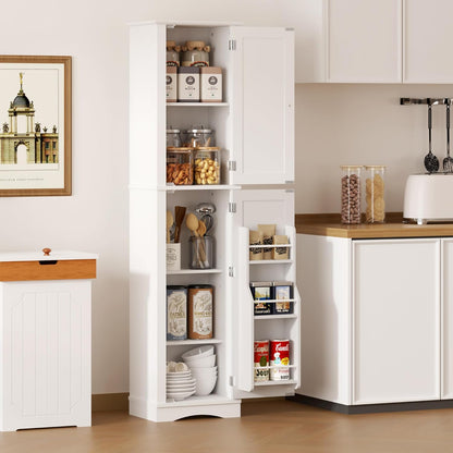 64" White Slim Bathroom and Kitchen Pantry Cabinet with Door Storage, Adjustable Shelves, Freestanding Wood Cabinet for Living and Dining Room