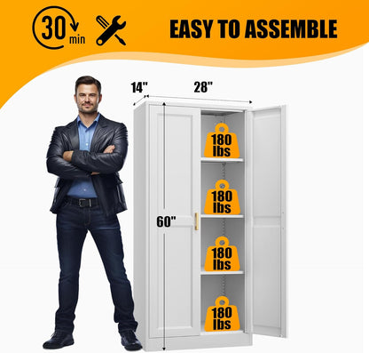 60" White Metal Pantry Cabinet with 2 Doors, Gold Handles, Adjustable Shelves, Freestanding Kitchen and Living Room Storage