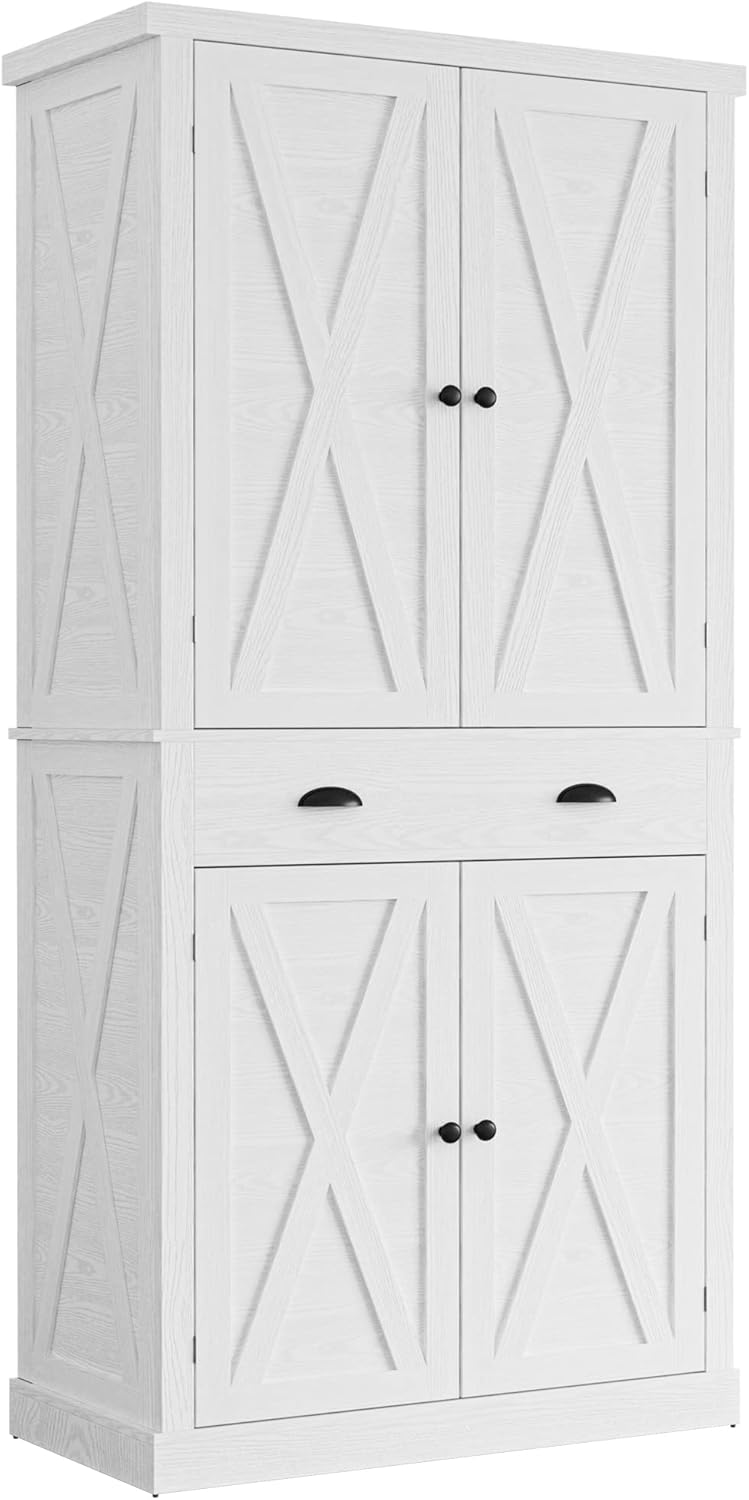72.6" White Kitchen Pantry Cabinet with Barn Doors, Drawer, 4 Adjustable Shelves, Freestanding Cupboard for Laundry