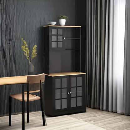 72" Black Freestanding Kitchen Pantry Cabinet with Hutch, Glass Doors, Large Countertop, Adjustable Shelves for Dining Room