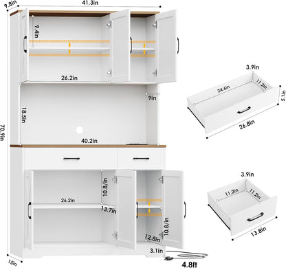 71" White Pantry Cabinet with Charging Station, Microwave Stand, Storage Drawers, Farmhouse Hutch for Kitchen, Dining, Living Room