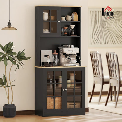 72" Black Freestanding Kitchen Pantry Cabinet with Hutch, Glass Doors, Large Countertop, Adjustable Shelves for Dining Room
