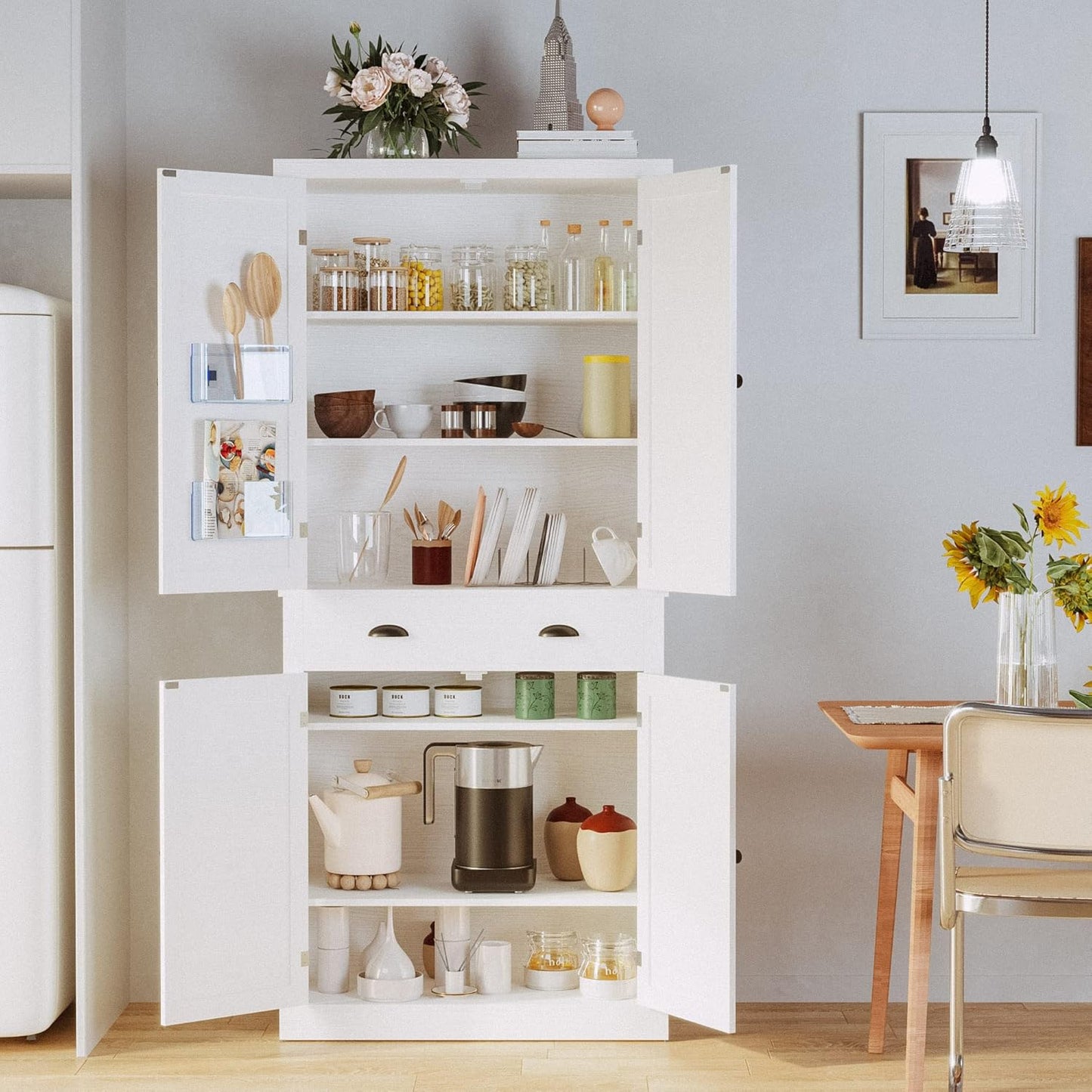 72.6" White Kitchen Pantry Cabinet with Barn Doors, Drawer, 4 Adjustable Shelves, Freestanding Cupboard for Laundry