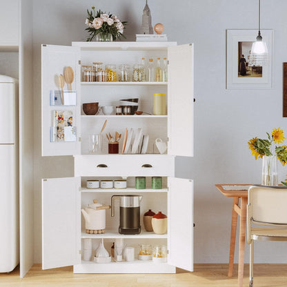 72.6" White Kitchen Pantry Cabinet with Barn Doors, Drawer, 4 Adjustable Shelves, Freestanding Cupboard for Laundry