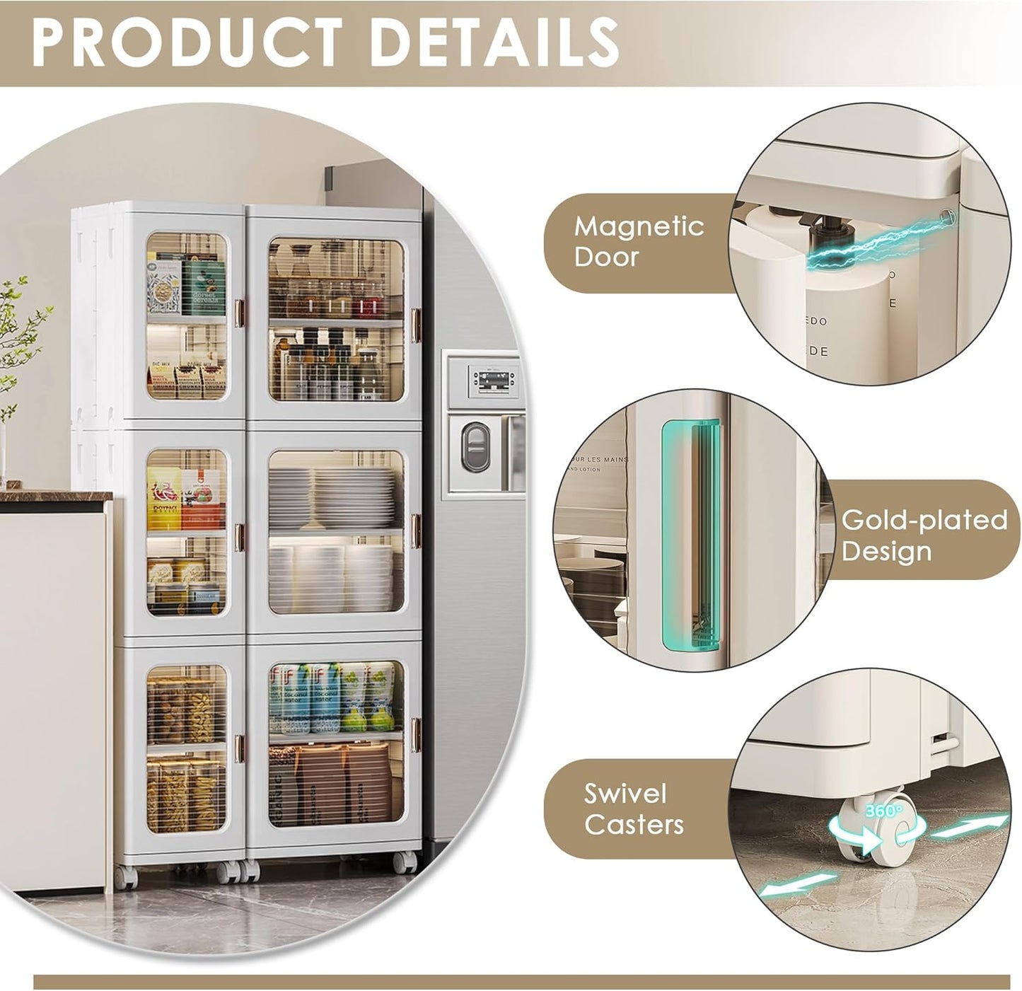 4-Tier White Plastic Tall Storage Cabinet with Wheels, Adjustable Shelves, Magnetic Doors for Bathroom, Kitchen, Laundry