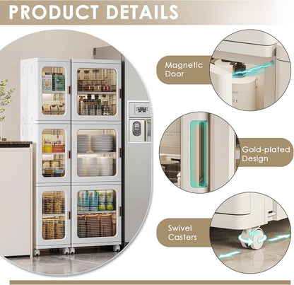 4-Tier White Plastic Tall Storage Cabinet with Wheels, Adjustable Shelves, Magnetic Doors for Bathroom, Kitchen, Laundry