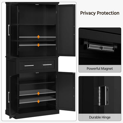 72.5" Black Freestanding Pantry Cabinet with Drawer and 2 Adjustable Shelves for Kitchen, Dining, Bathroom, Hallway