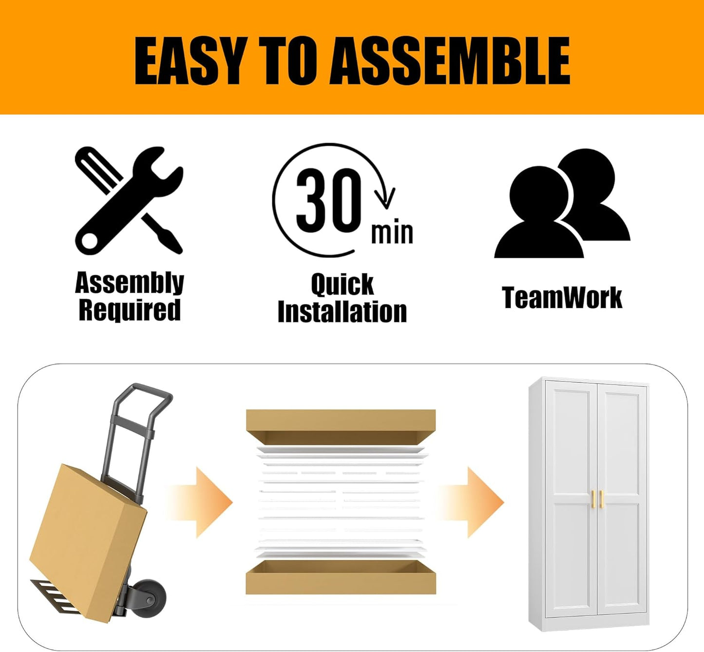 60" White Metal Pantry Cabinet with 2 Doors, Gold Handles, Adjustable Shelves, Freestanding Kitchen and Living Room Storage