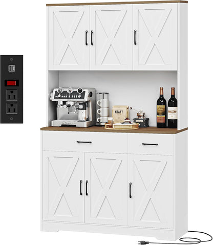 71" White Pantry Cabinet with Charging Station, Microwave Stand, Storage Drawers, Farmhouse Hutch for Kitchen, Dining, Living Room
