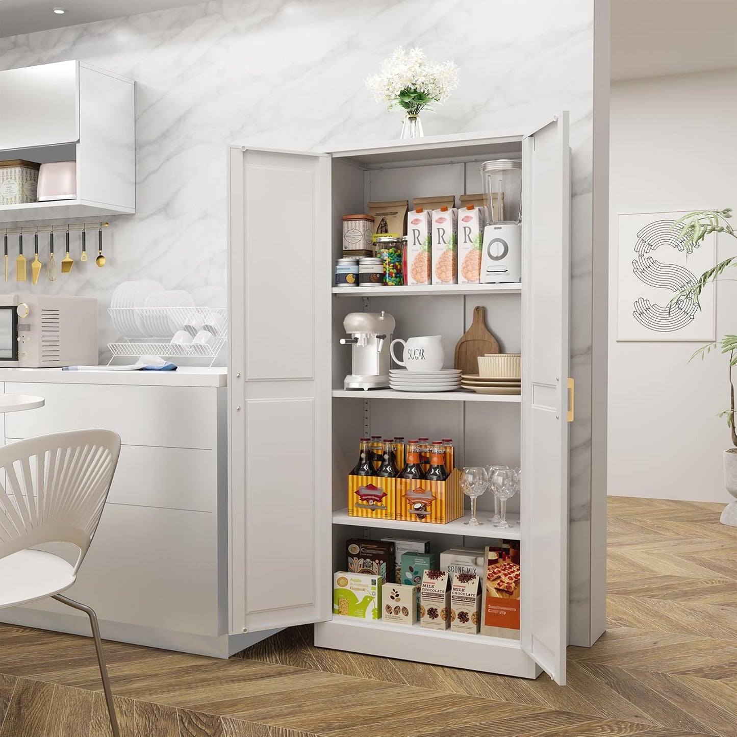 60" White Metal Pantry Cabinet with 2 Doors, Gold Handles, Adjustable Shelves, Freestanding Kitchen and Living Room Storage