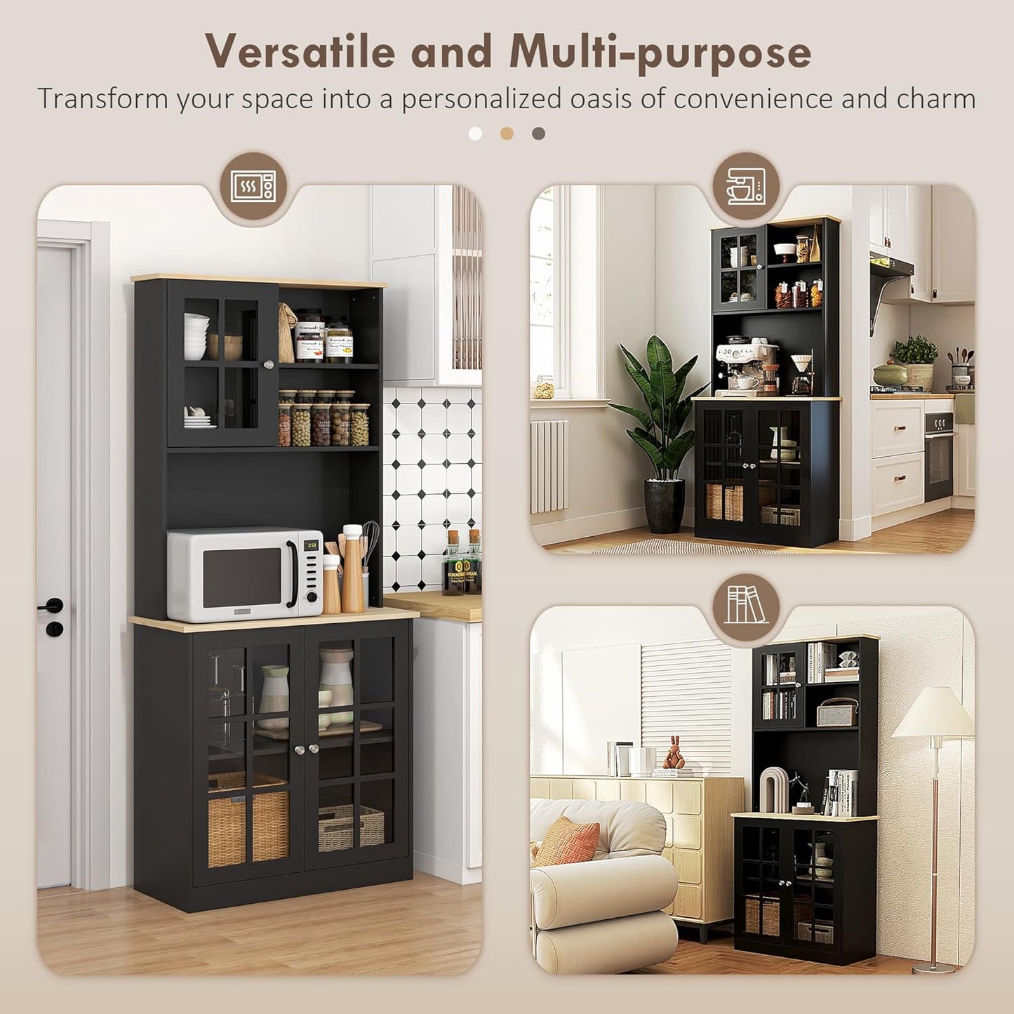 72" Black Freestanding Kitchen Pantry Cabinet with Hutch, Glass Doors, Large Countertop, Adjustable Shelves for Dining Room