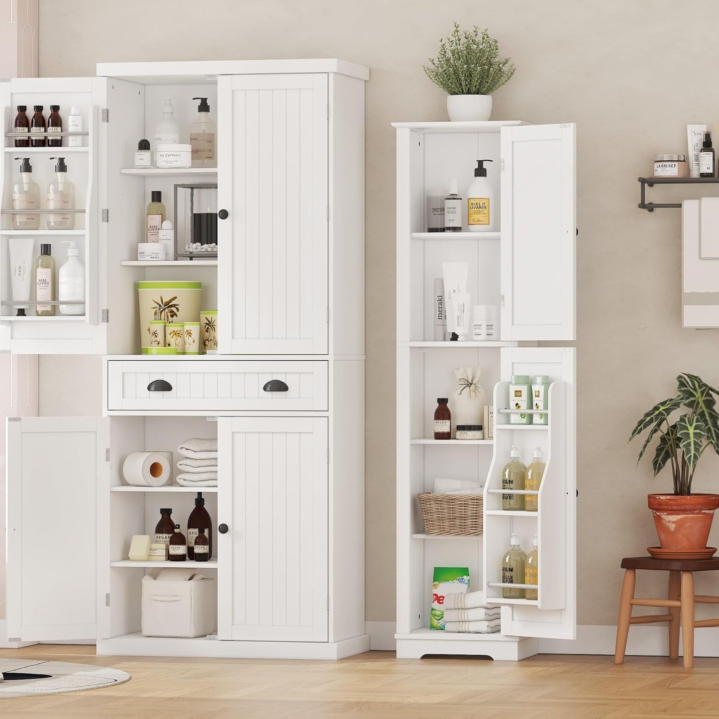 64" White Slim Bathroom and Kitchen Pantry Cabinet with Door Storage, Adjustable Shelves, Freestanding Wood Cabinet for Living and Dining Room