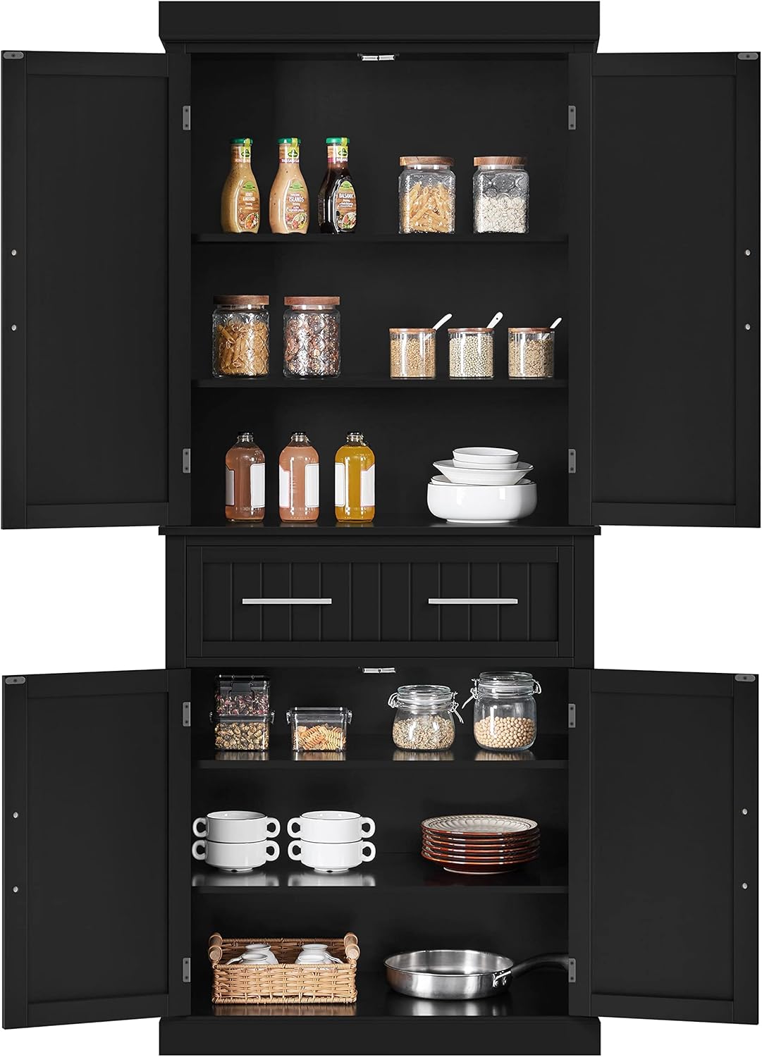 72.5" Black Freestanding Pantry Cabinet with Drawer and 2 Adjustable Shelves for Kitchen, Dining, Bathroom, Hallway