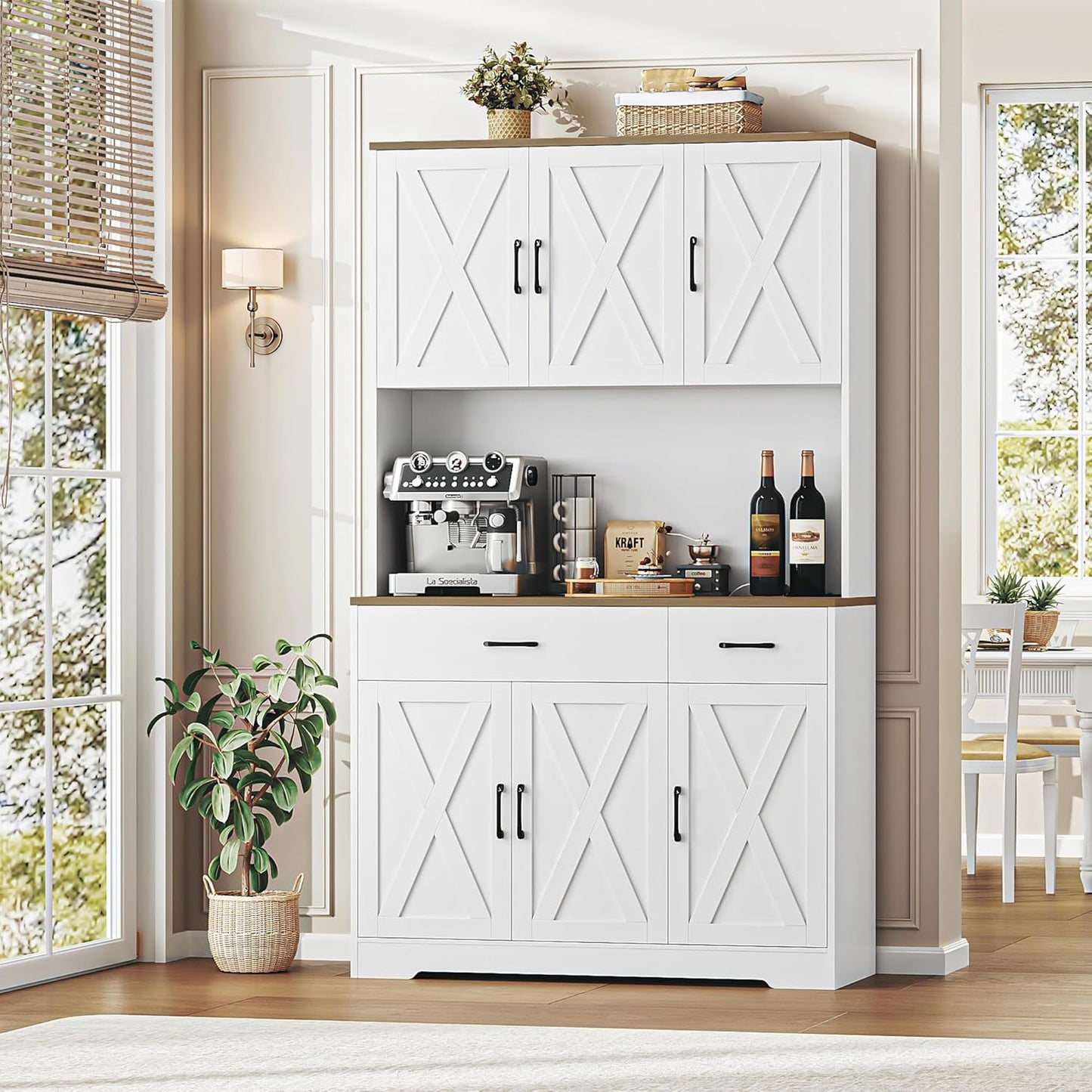 71" White Pantry Cabinet with Charging Station, Microwave Stand, Storage Drawers, Farmhouse Hutch for Kitchen, Dining, Living Room