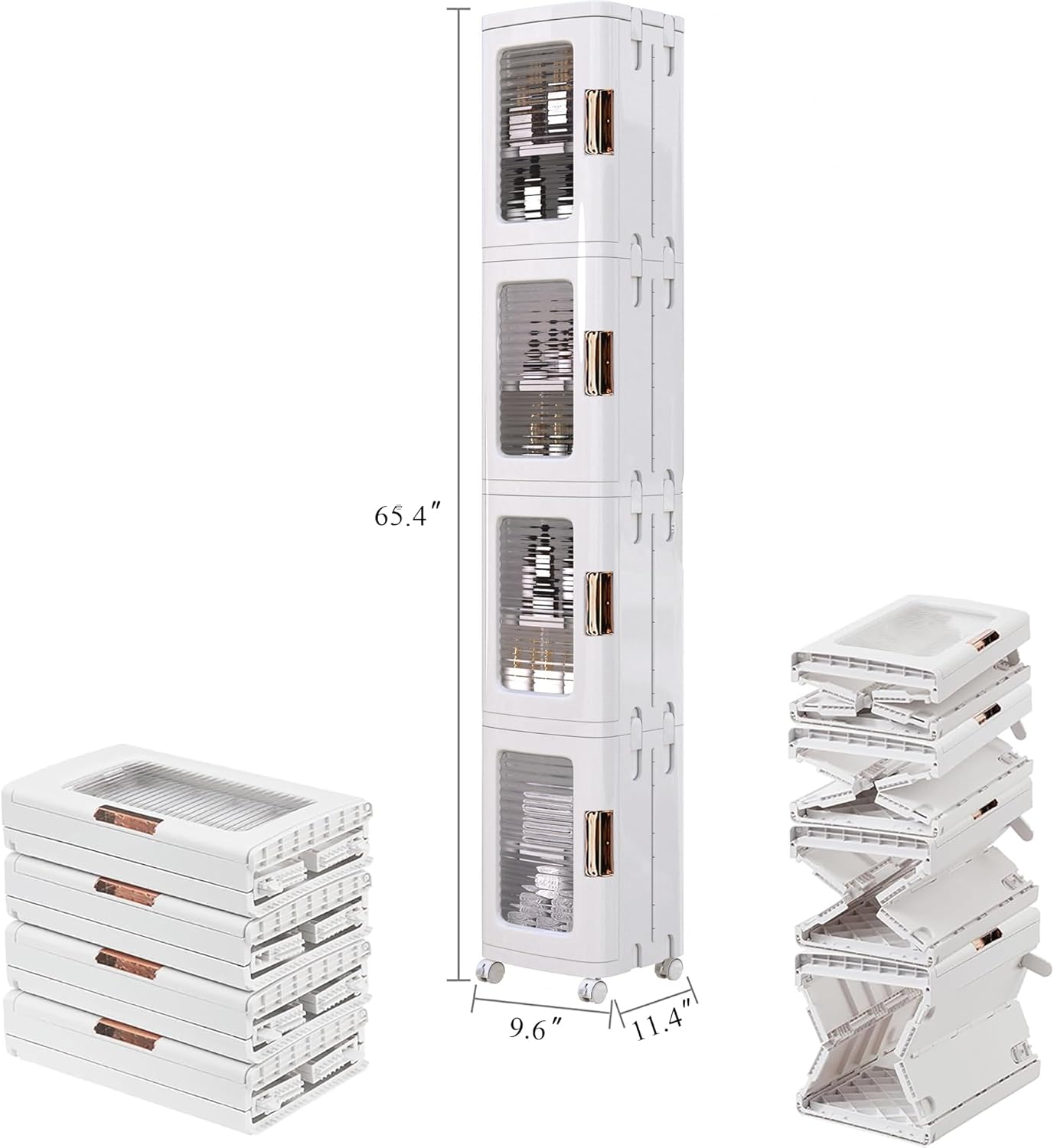 4-Tier White Plastic Tall Storage Cabinet with Wheels, Adjustable Shelves, Magnetic Doors for Bathroom, Kitchen, Laundry