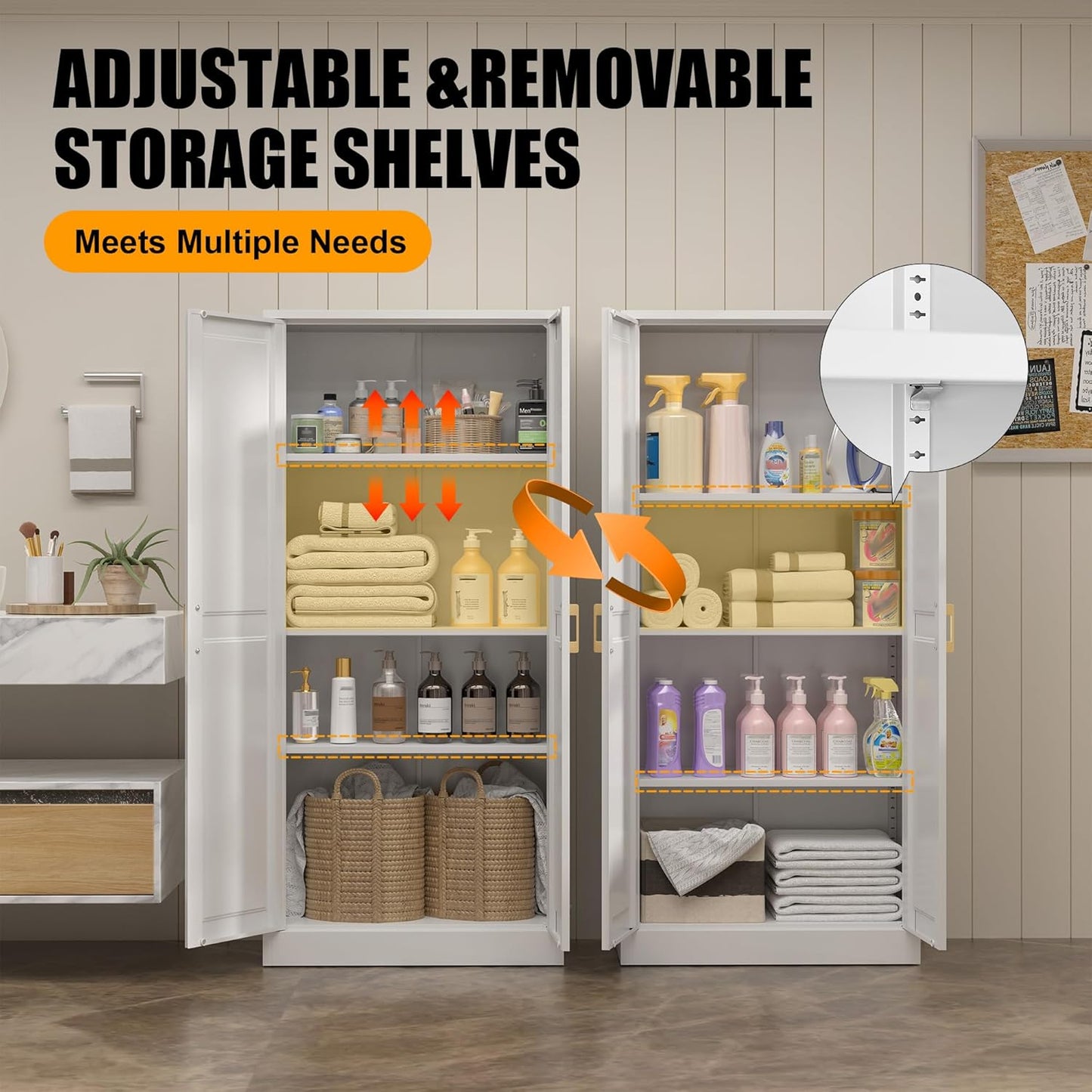 60" White Metal Pantry Cabinet with 2 Doors, Gold Handles, Adjustable Shelves, Freestanding Kitchen and Living Room Storage