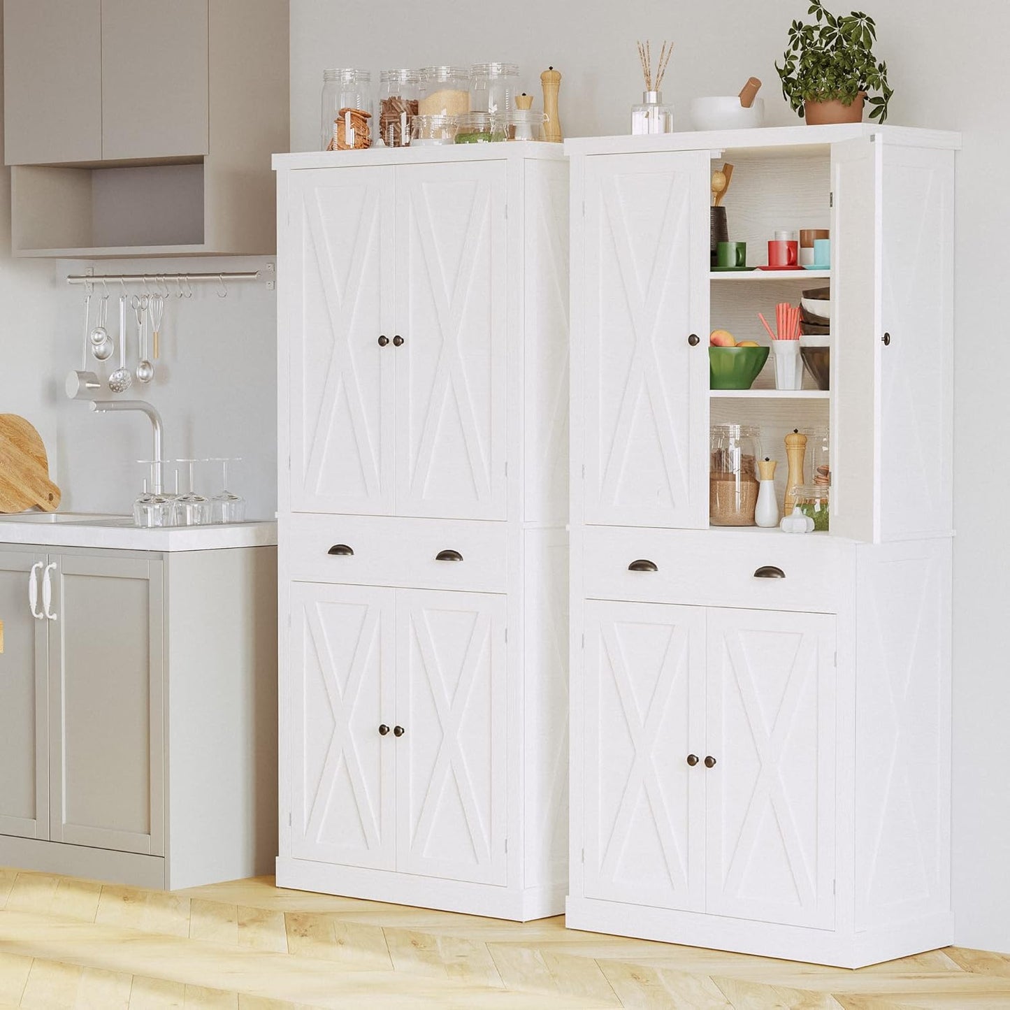 72.6" White Kitchen Pantry Cabinet with Barn Doors, Drawer, 4 Adjustable Shelves, Freestanding Cupboard for Laundry