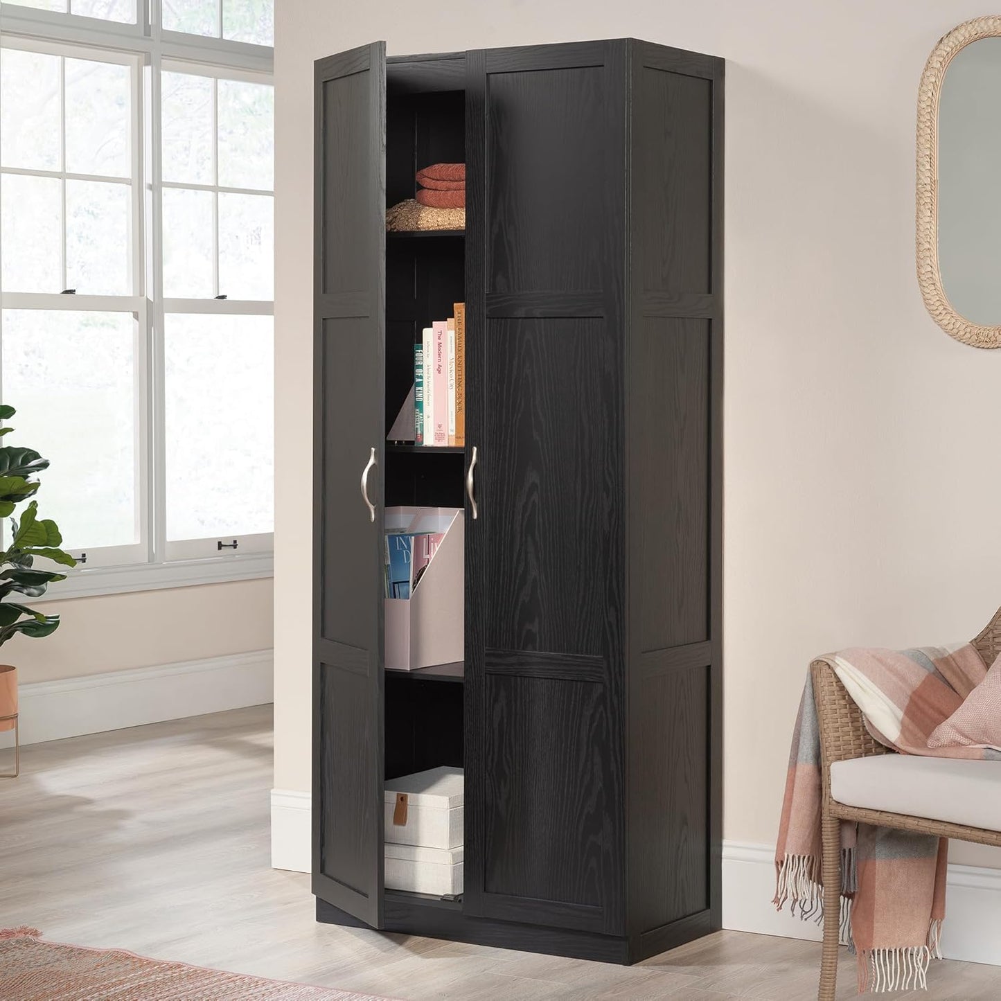 Tall Black Storage Cabinet with 4 Adjustable Shelves for Multi-Room Use