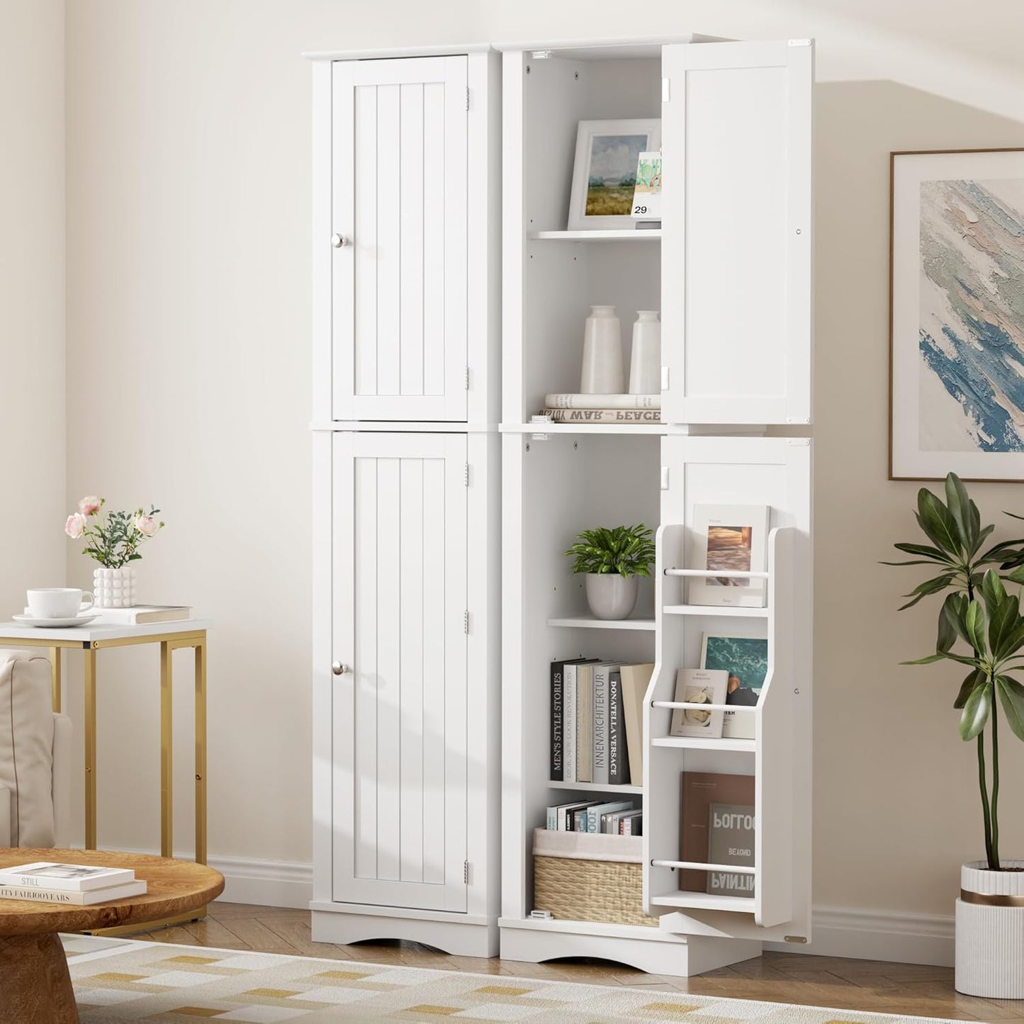 64" White Slim Bathroom and Kitchen Pantry Cabinet with Door Storage, Adjustable Shelves, Freestanding Wood Cabinet for Living and Dining Room