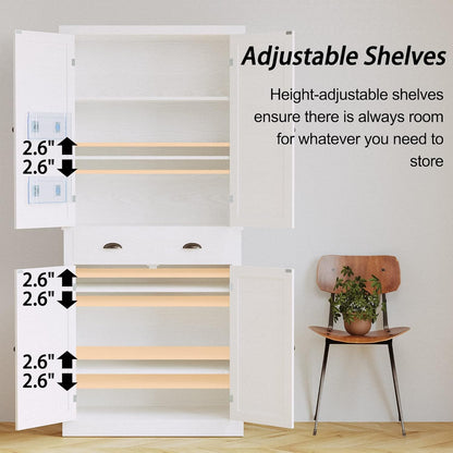 72.6" White Kitchen Pantry Cabinet with Barn Doors, Drawer, 4 Adjustable Shelves, Freestanding Cupboard for Laundry