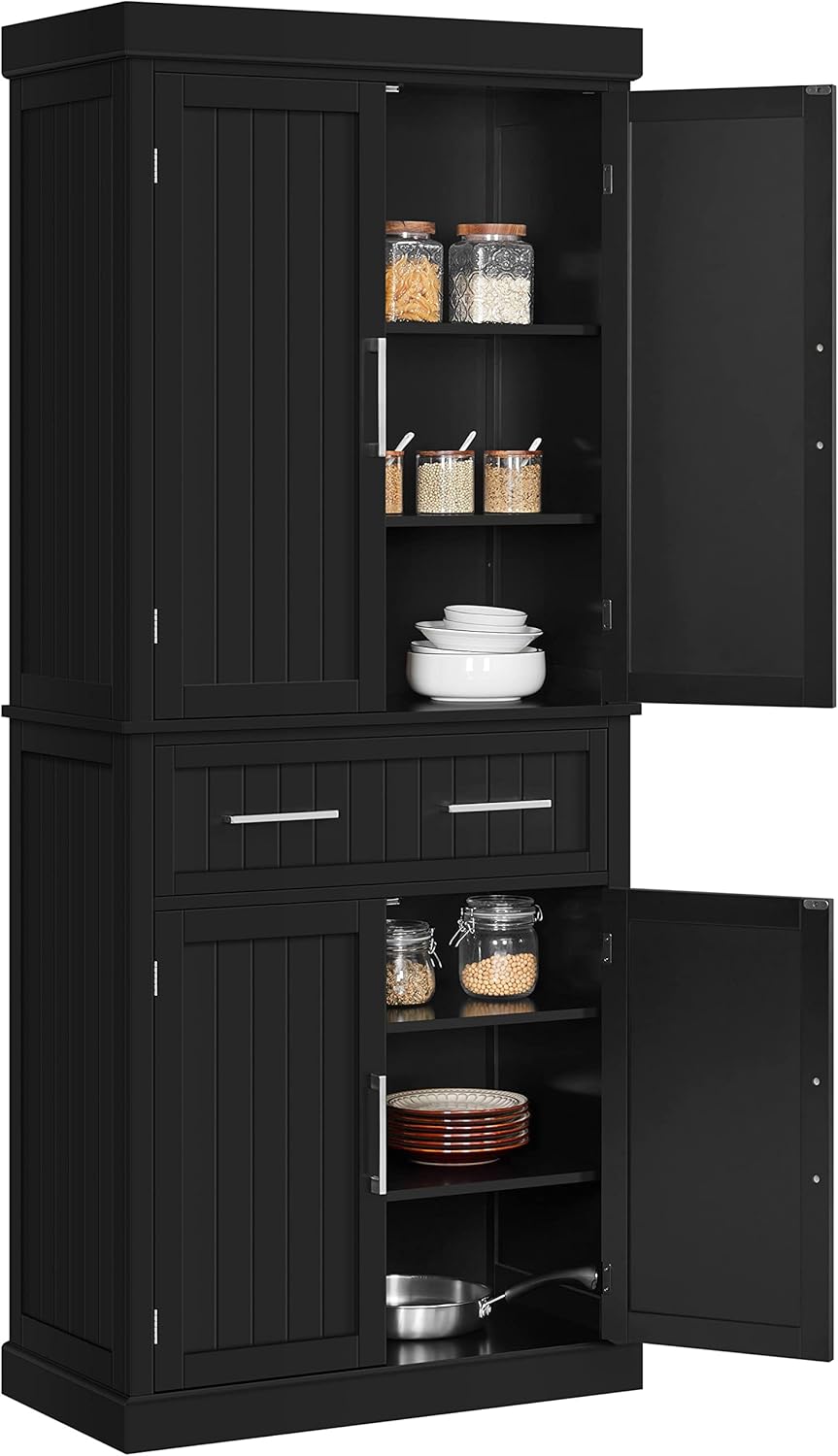 72.5" Black Freestanding Pantry Cabinet with Drawer and 2 Adjustable Shelves for Kitchen, Dining, Bathroom, Hallway