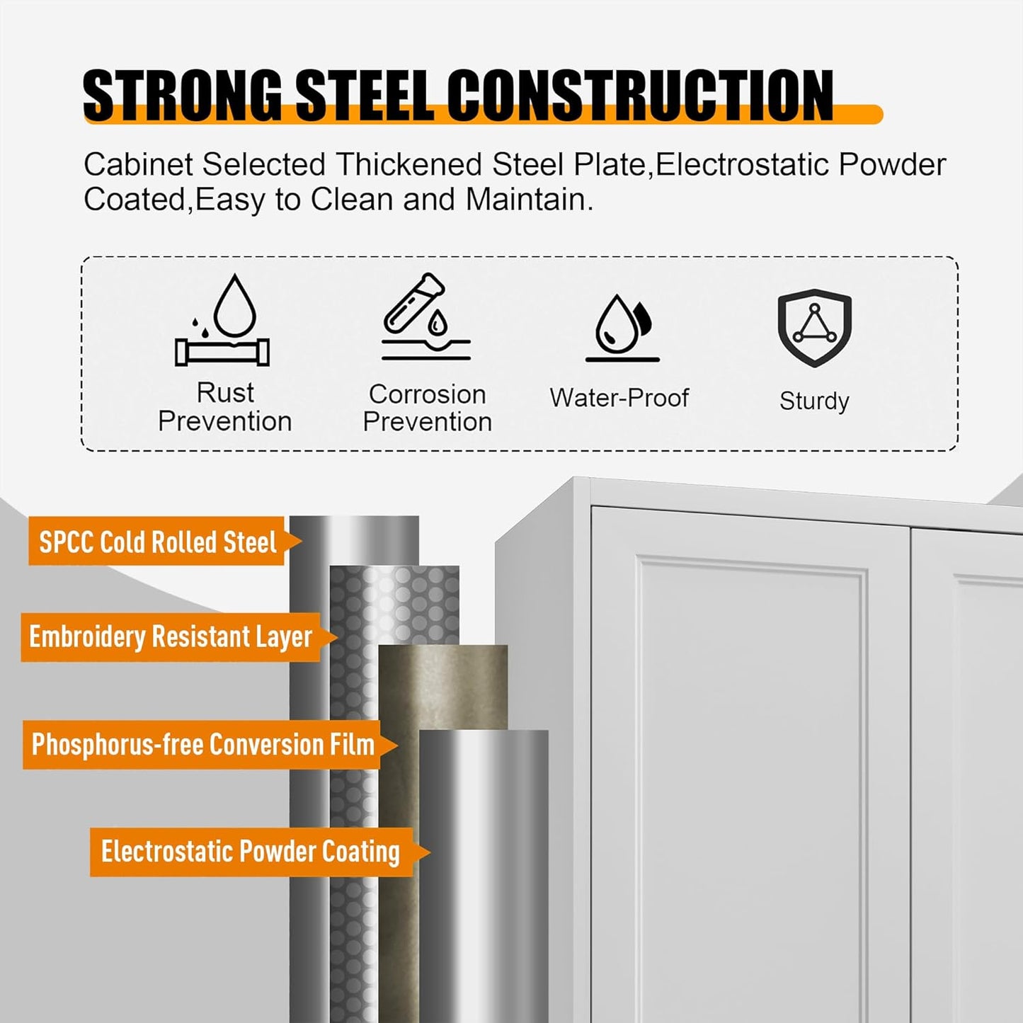 60" White Metal Pantry Cabinet with 2 Doors, Gold Handles, Adjustable Shelves, Freestanding Kitchen and Living Room Storage