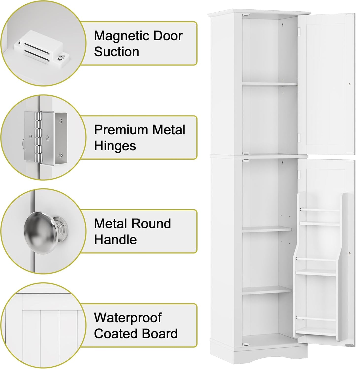 64" White Slim Bathroom and Kitchen Pantry Cabinet with Door Storage, Adjustable Shelves, Freestanding Wood Cabinet for Living and Dining Room