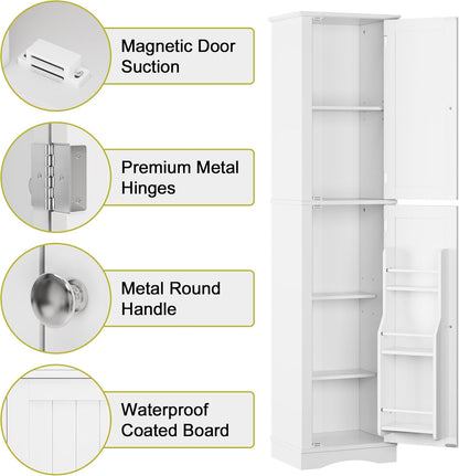 64" White Slim Bathroom and Kitchen Pantry Cabinet with Door Storage, Adjustable Shelves, Freestanding Wood Cabinet for Living and Dining Room
