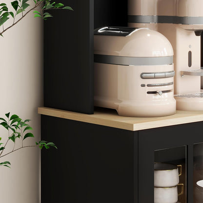 72" Black Freestanding Kitchen Pantry Cabinet with Hutch, Glass Doors, Large Countertop, Adjustable Shelves for Dining Room