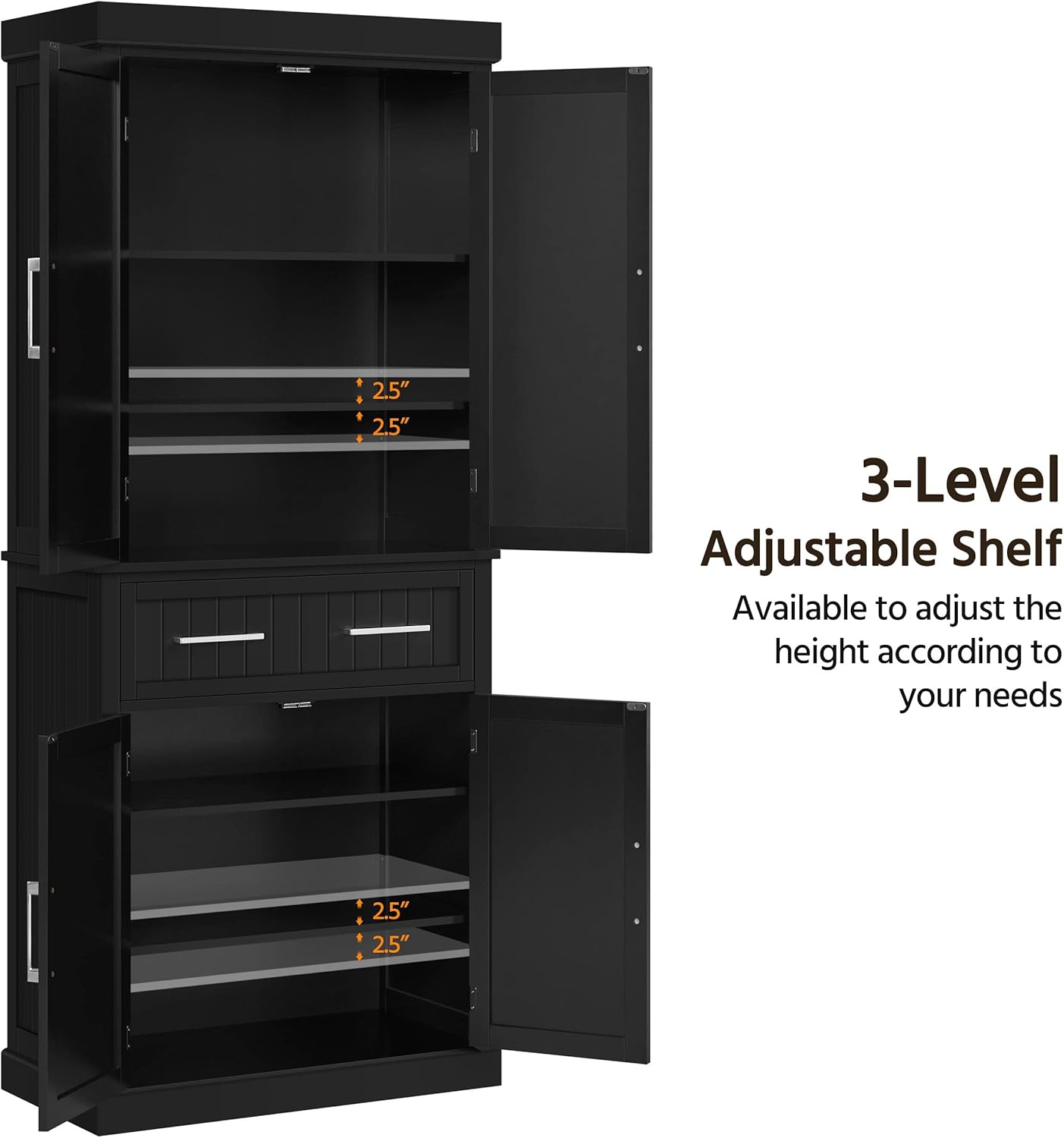 72.5" Black Freestanding Pantry Cabinet with Drawer and 2 Adjustable Shelves for Kitchen, Dining, Bathroom, Hallway