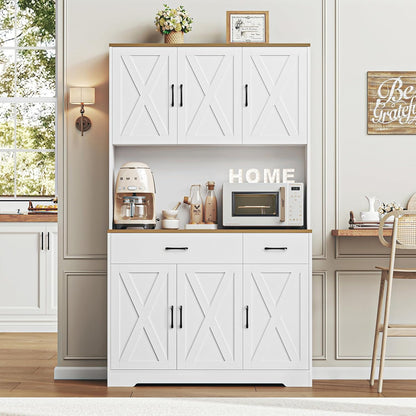 71" White Pantry Cabinet with Charging Station, Microwave Stand, Storage Drawers, Farmhouse Hutch for Kitchen, Dining, Living Room