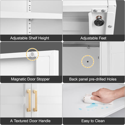 60" White Metal Pantry Cabinet with 2 Doors, Gold Handles, Adjustable Shelves, Freestanding Kitchen and Living Room Storage