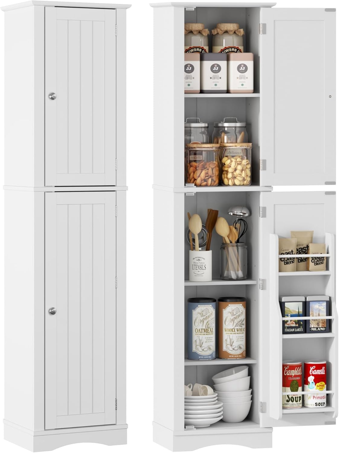 64" White Slim Bathroom and Kitchen Pantry Cabinet with Door Storage, Adjustable Shelves, Freestanding Wood Cabinet for Living and Dining Room