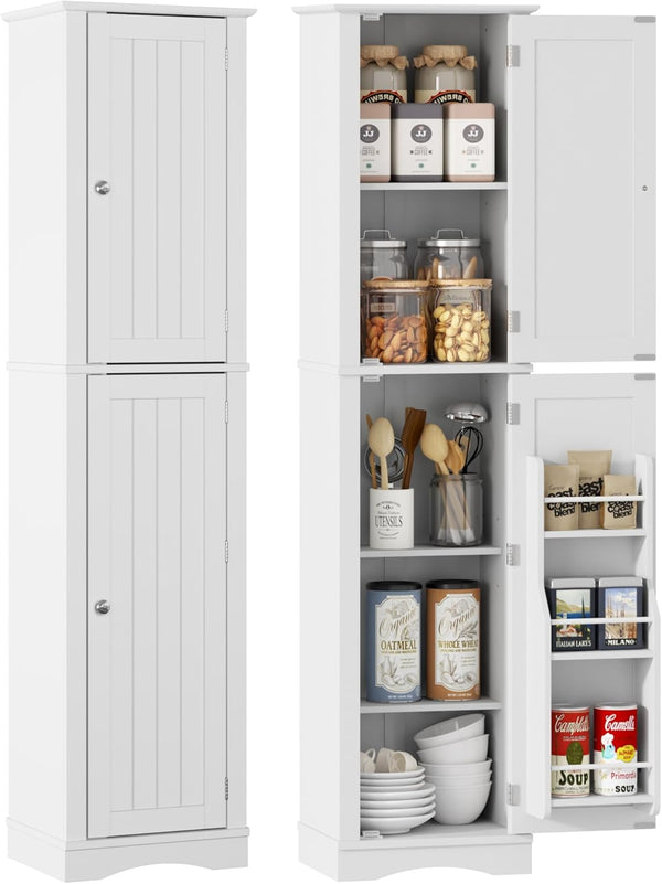 64" White Slim Bathroom and Kitchen Pantry Cabinet with Door Storage, Adjustable Shelves, Freestanding Wood Cabinet for Living and Dining Room