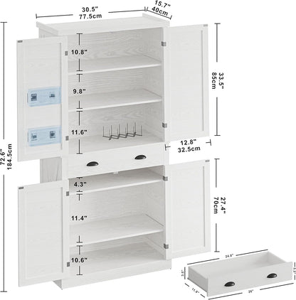 72.6" White Kitchen Pantry Cabinet with Barn Doors, Drawer, 4 Adjustable Shelves, Freestanding Cupboard for Laundry