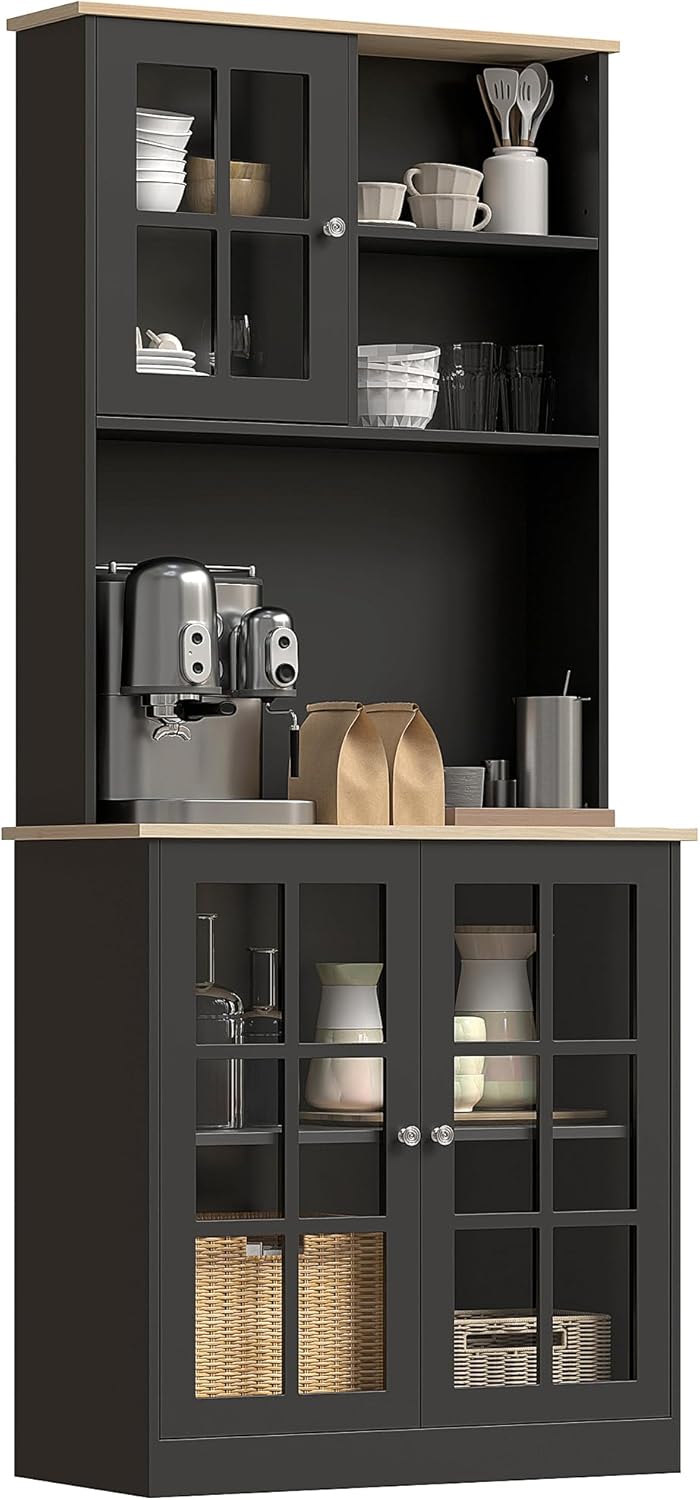 72" Black Freestanding Kitchen Pantry Cabinet with Hutch, Glass Doors, Large Countertop, Adjustable Shelves for Dining Room