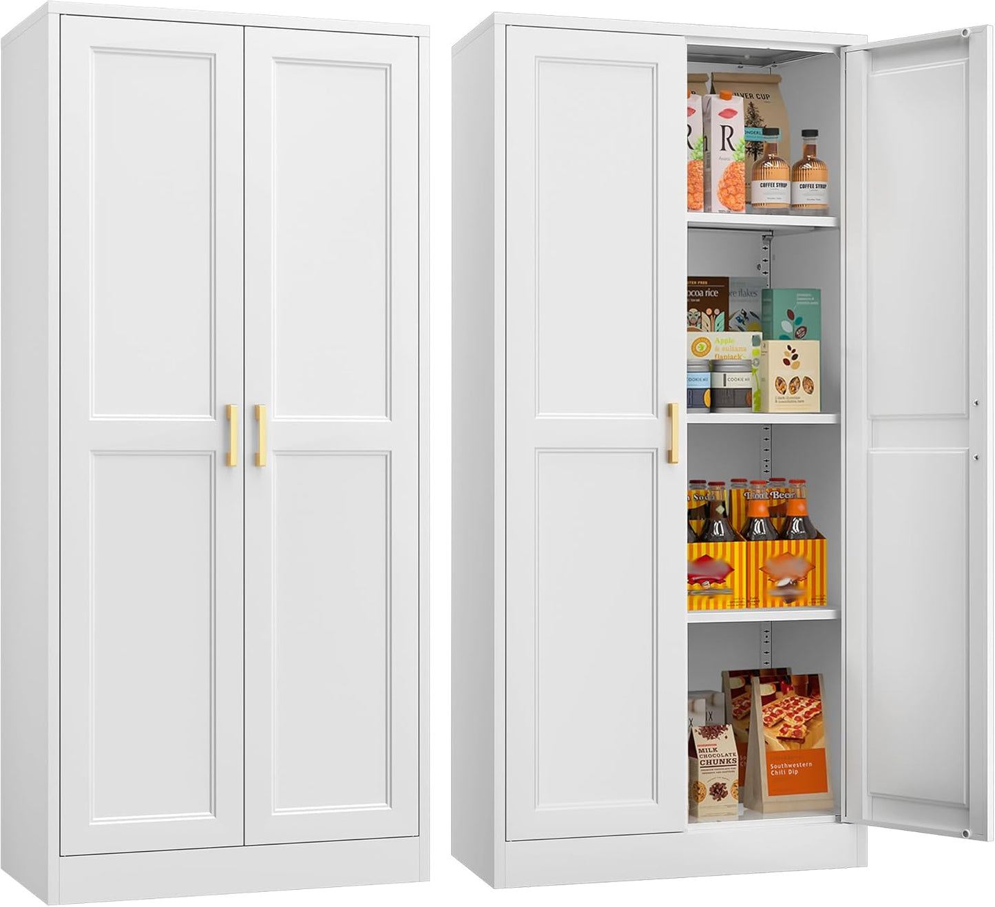 60" White Metal Pantry Cabinet with 2 Doors, Gold Handles, Adjustable Shelves, Freestanding Kitchen and Living Room Storage