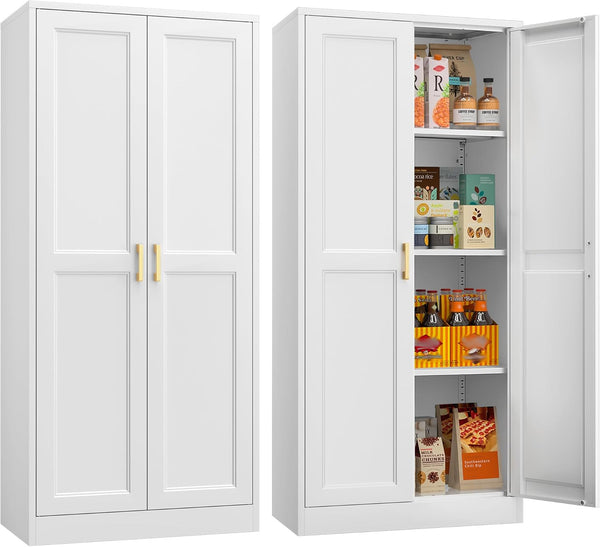 60" White Metal Pantry Cabinet with 2 Doors, Gold Handles, Adjustable Shelves, Freestanding Kitchen and Living Room Storage