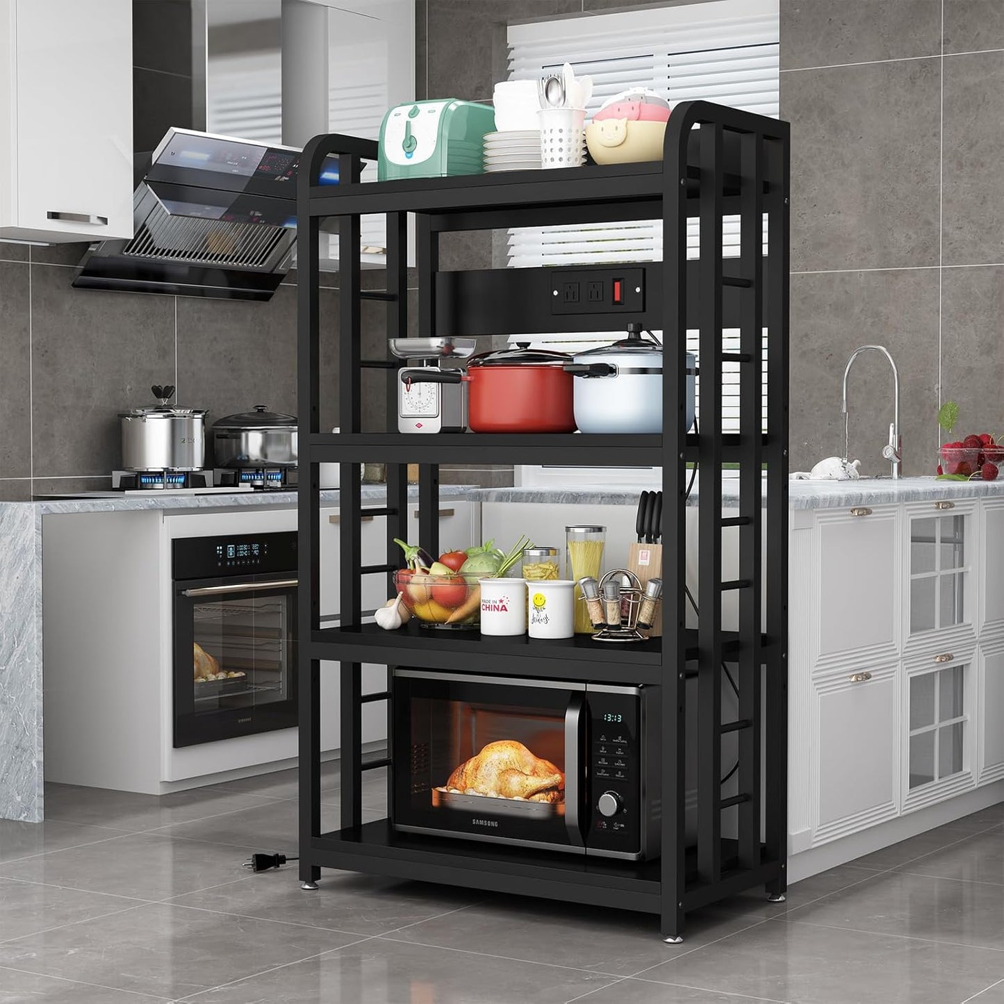 4-Tier Bakers Rack with Power Outlet, Microwave Stand, Freestanding Kitchen Storage Rack, Coffee Bar, Black