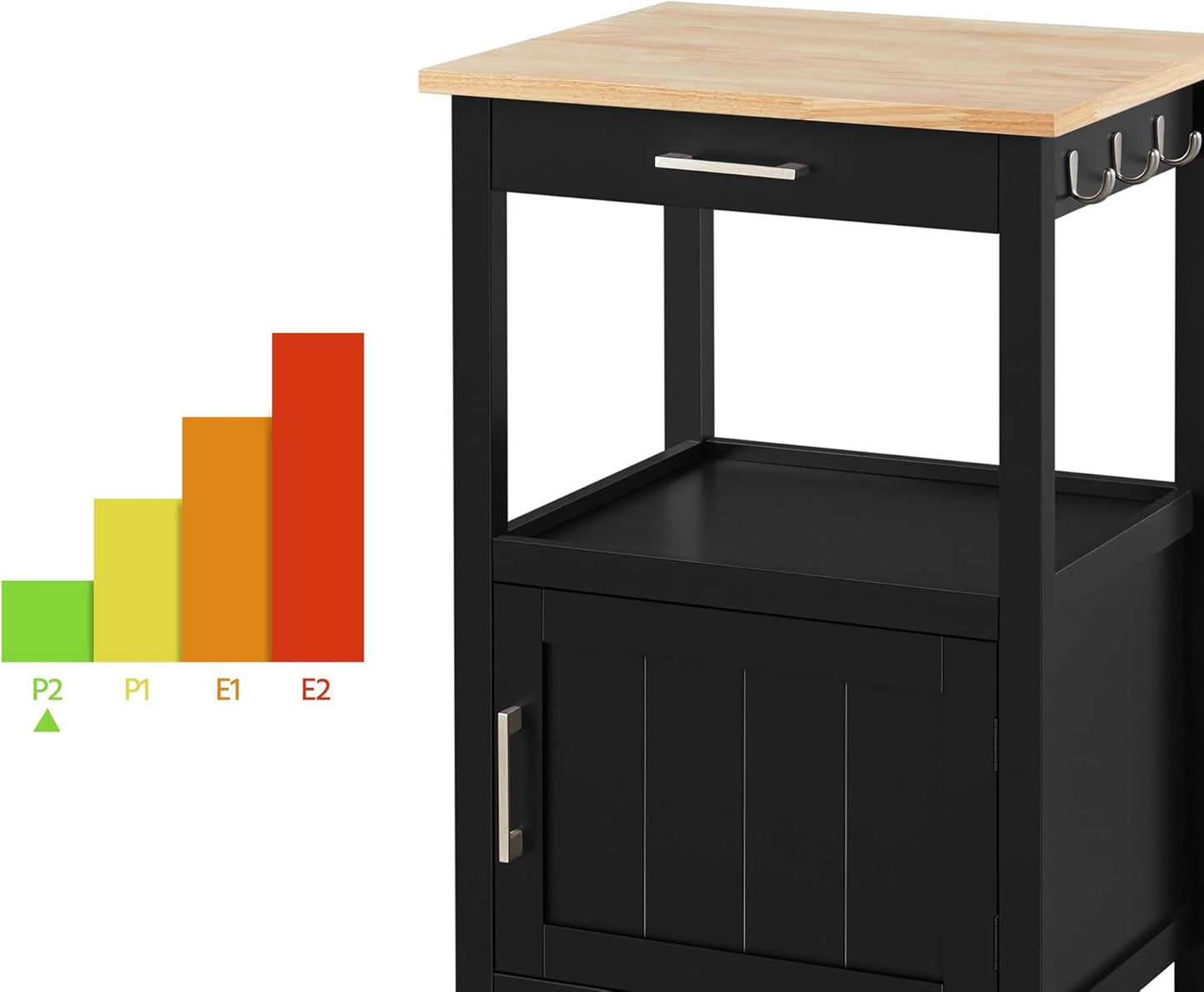Small Kitchen Island on Wheels with Wood Top and Drawer, Trolley Cart with Open Shelf and Storage Cabinet, 22x18x35 Inches, Black