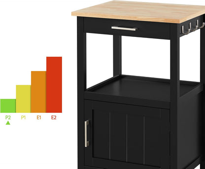 Small Kitchen Island on Wheels with Wood Top and Drawer, Trolley Cart with Open Shelf and Storage Cabinet, 22x18x35 Inches, Black
